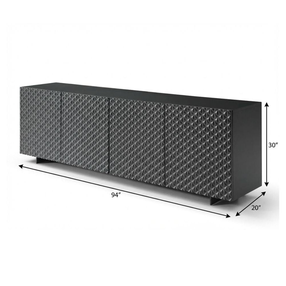 94" Dark Gray Wood Carved Geometric Sideboard With Four Doors