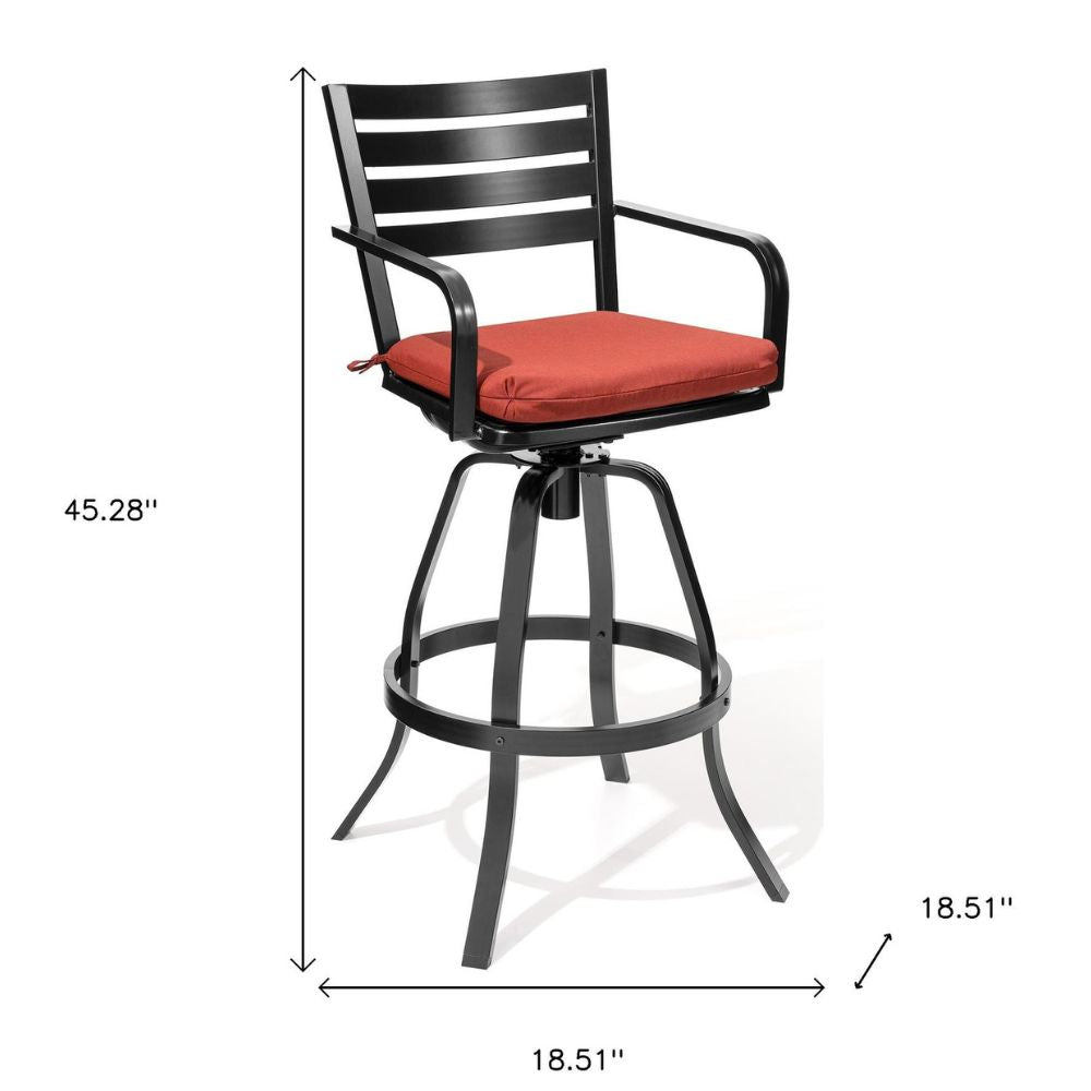 Set of Two 30" Black and Red Aluminum Swivel Outdoor Bar Height Chairs