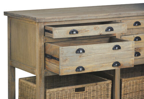 Sunset Trading Cottage 61" Double Bay Sideboard | Shelves Rattan Baskets Drawers | Driftwood Brown Solid Wood | Fully Assembled Console Table CC-TAB228S-DW