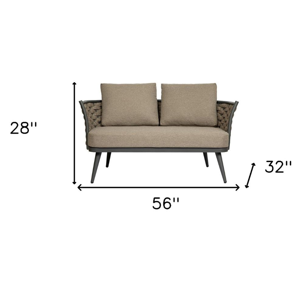56" Dark Gray Aluminum Outdoor Love Seat with Taupe Cushions