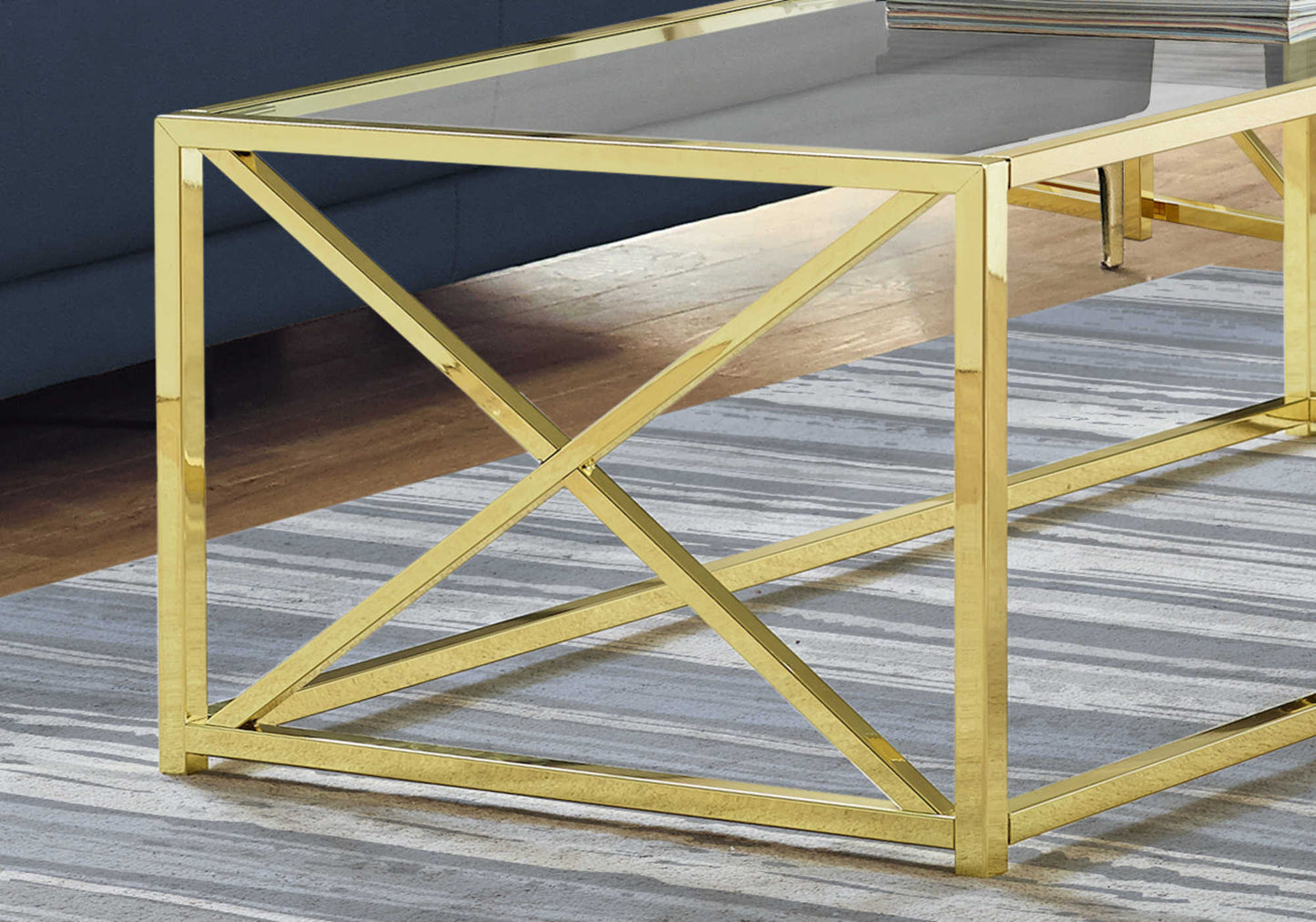 Monarch Specialties Coffee Table, Rectangular, 44"L, Tempered Glass, Gold, I 3444