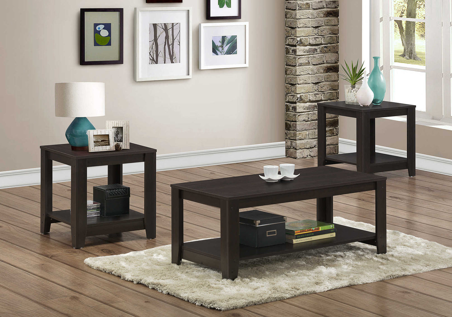 Monarch Specialties Table Set, 3pcs Set, Brown, I 7990P