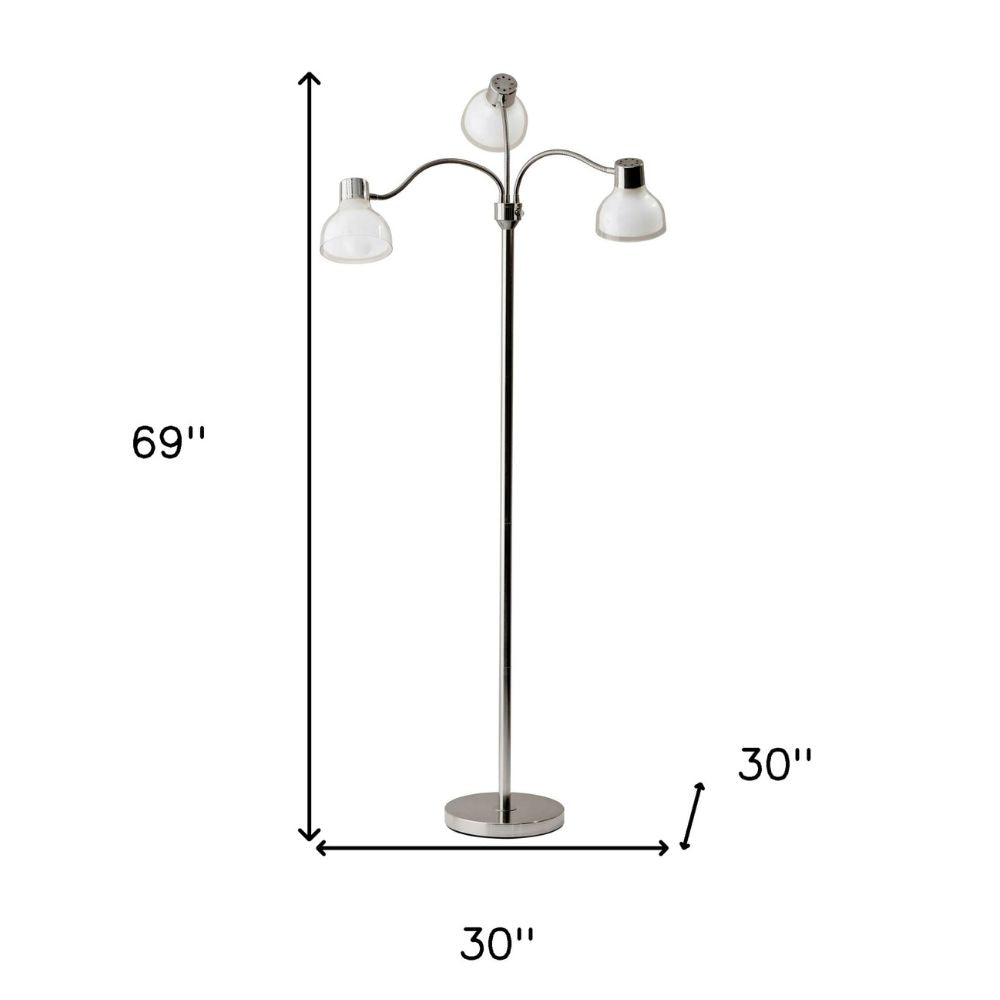 69" Metal Three Light Tree Floor Lamp With White Bowl Shade