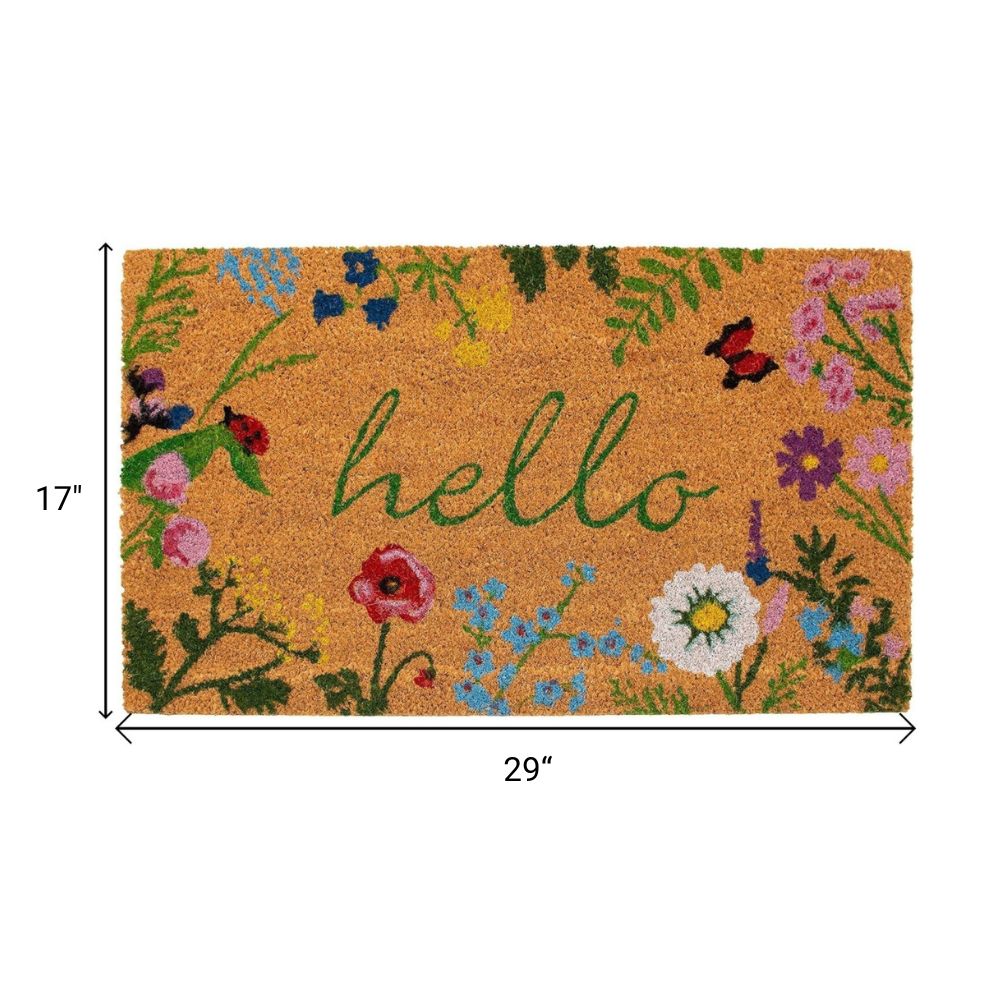 Natural and Green Coir Floral Hello Outdoor Door Mat