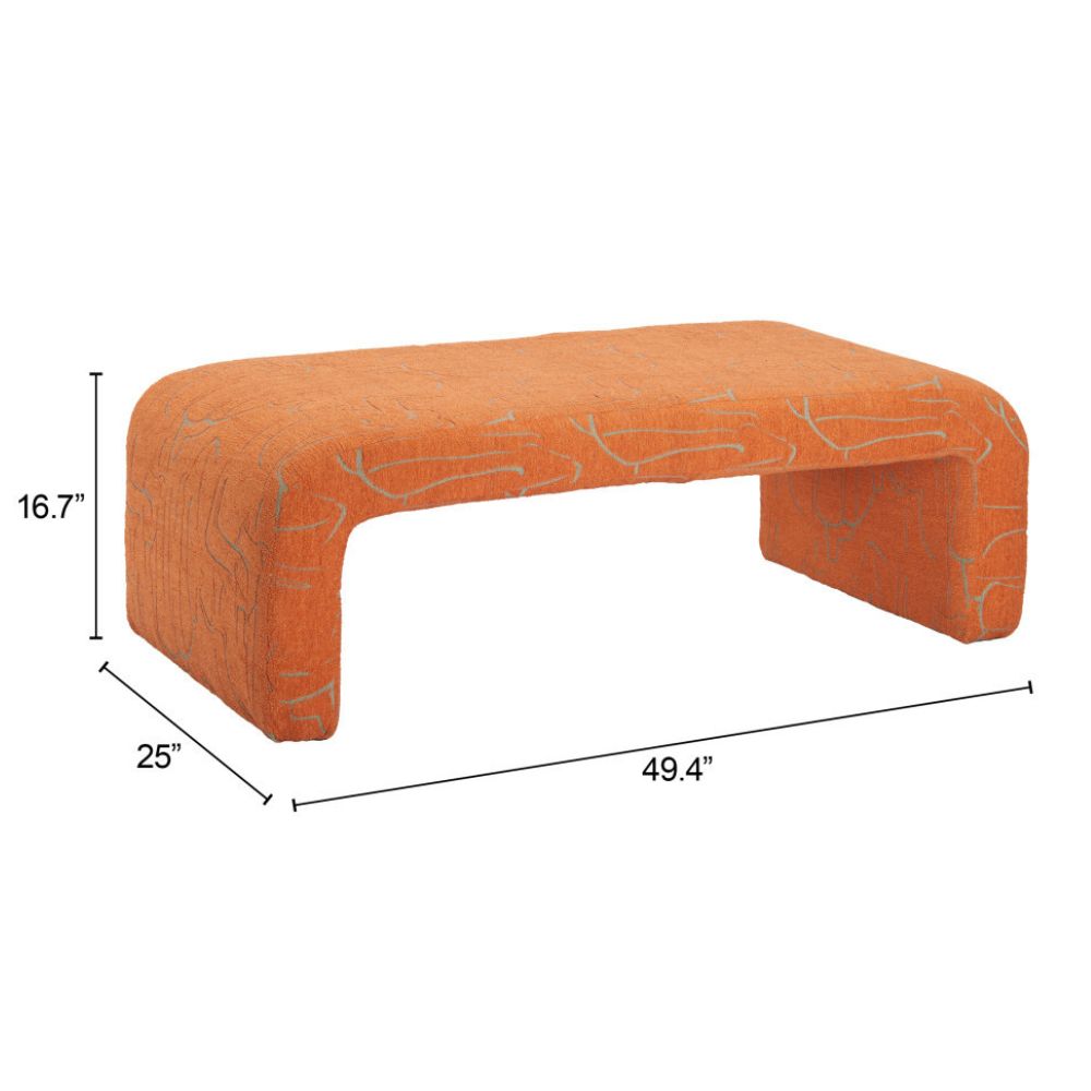 50" Orange Fabric Abstract Curvy Upholstered Bench