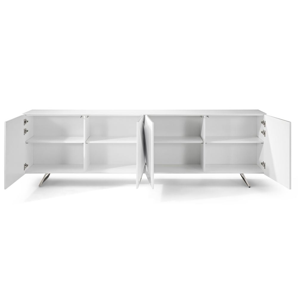 Modern High-Gloss Buffet with Tempered Glass Top & Geometric Doors — Whiteline Samantha