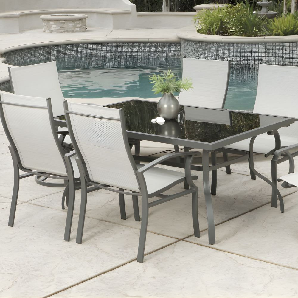 Seven Piece Black and Gray Rectangular Glass Dining Set with Six Chairs