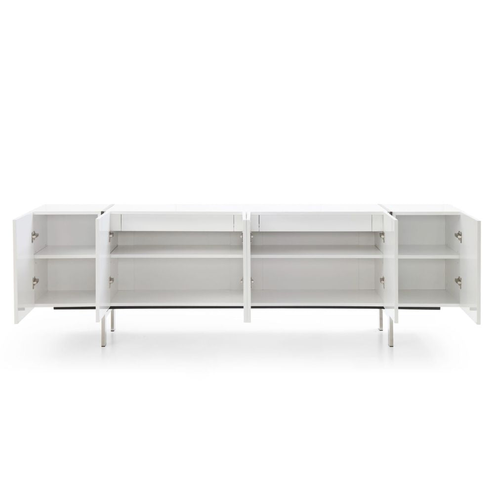 interior Struttura High-Gloss Adjustable Shelves Polished Steel Legs White Buffet, goldstardining.com