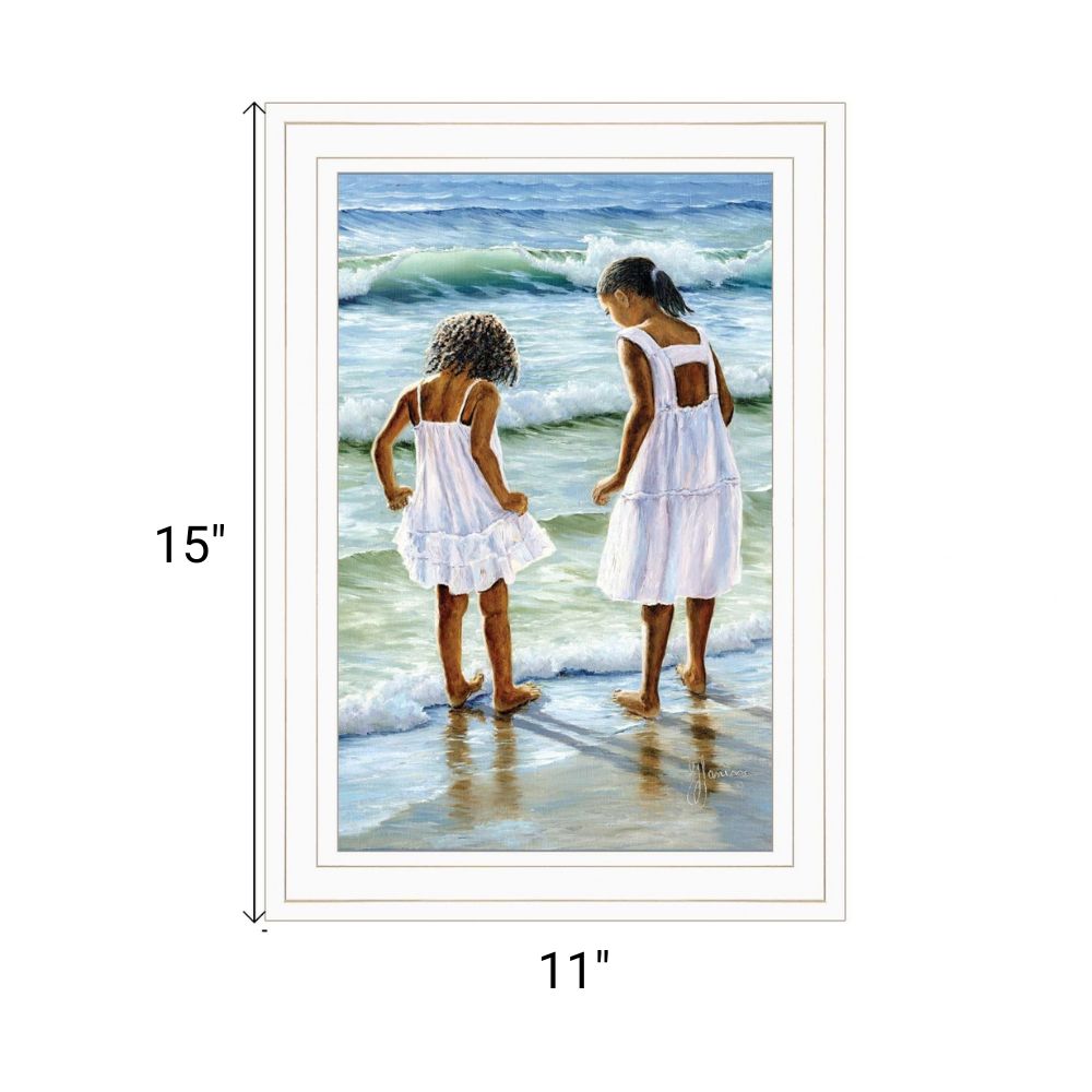 Two Girls at the Beach 2 White Framed Print Wall Art