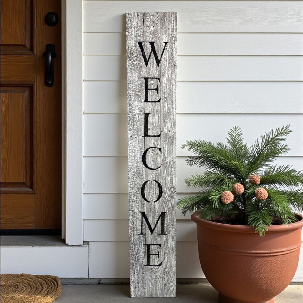 60" Whitewash And Black Solid Wood Welcome Porch Sign