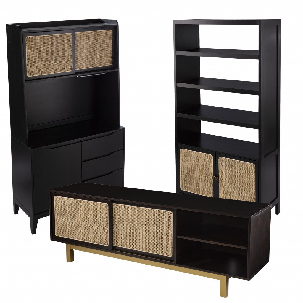 Homeroots Rustic Black and Light Bamboo Tall Buffet Cabinet 401704 - GOLD STAR Dining