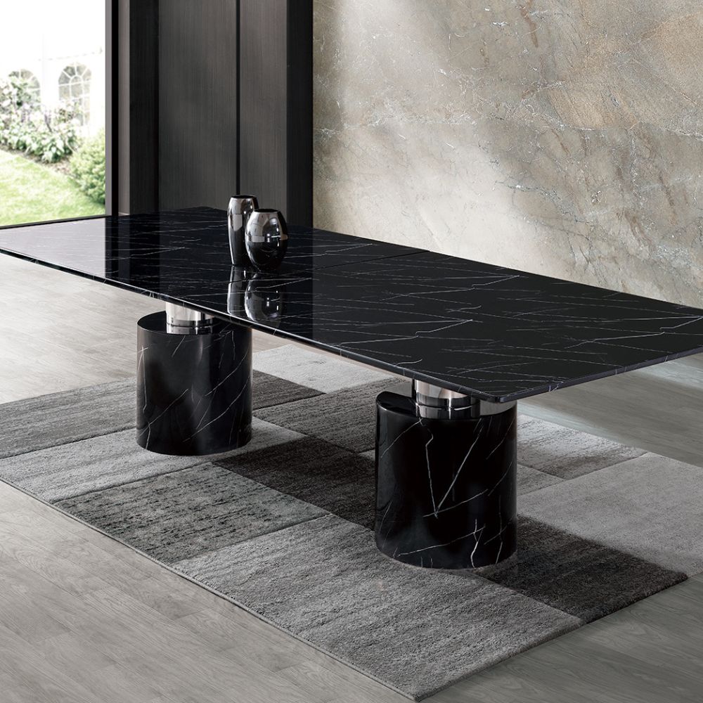 black lifestyle Geneva Marble Glossy Black/White Top Dining Table, goldstardining.com