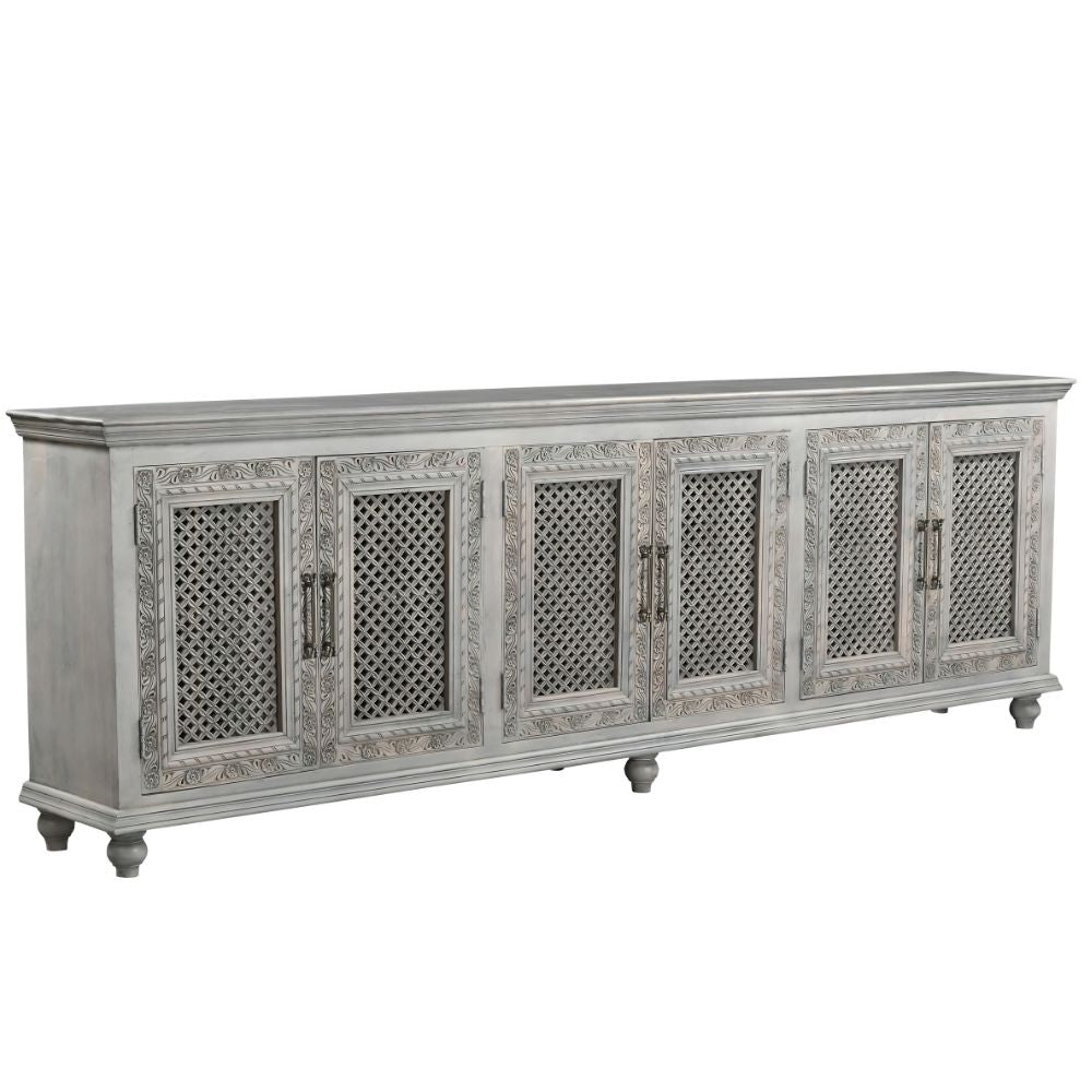111" Gray Distressed Solid Wood Carved Floral Sideboard with Six Doors