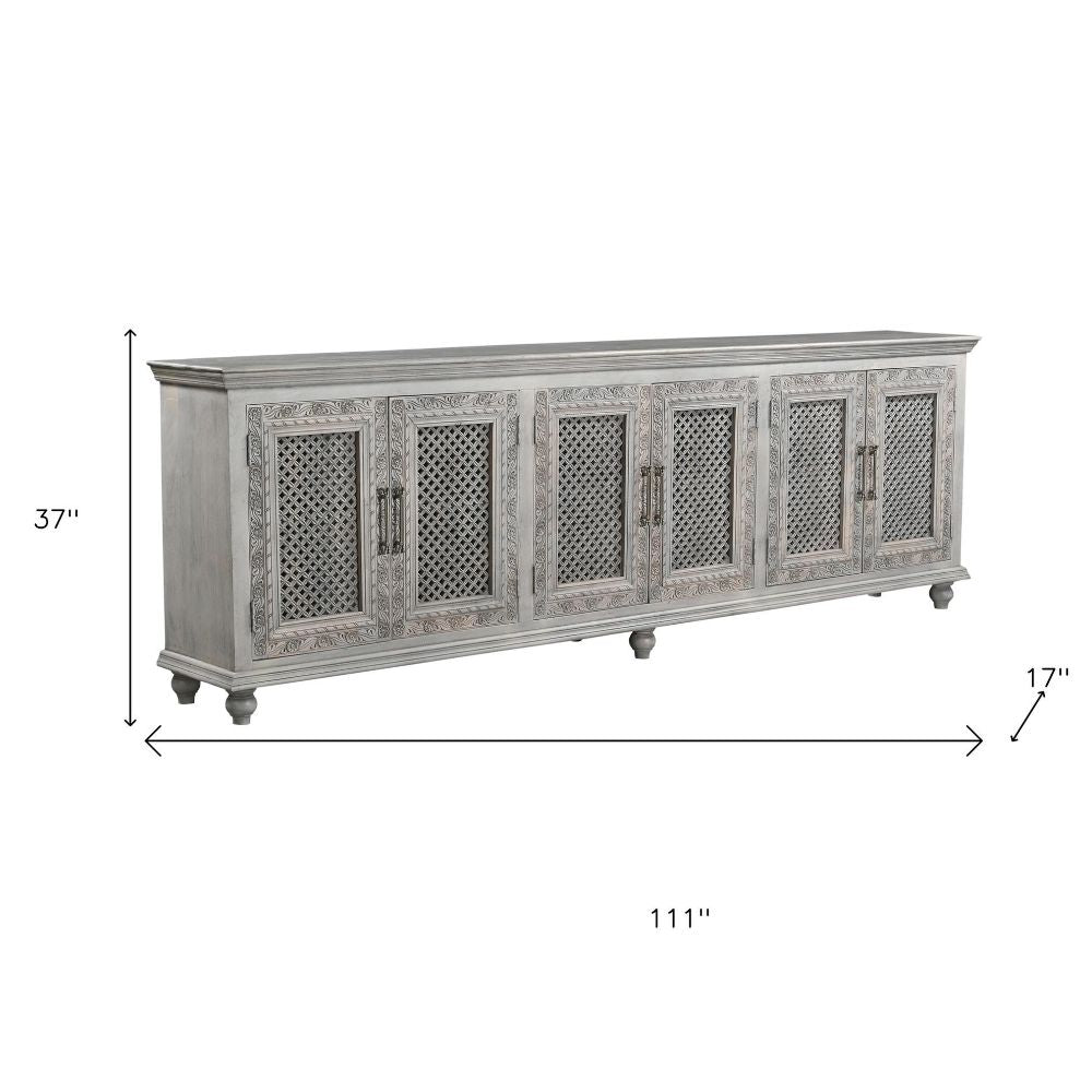 111" Gray Distressed Solid Wood Carved Floral Sideboard with Six Doors
