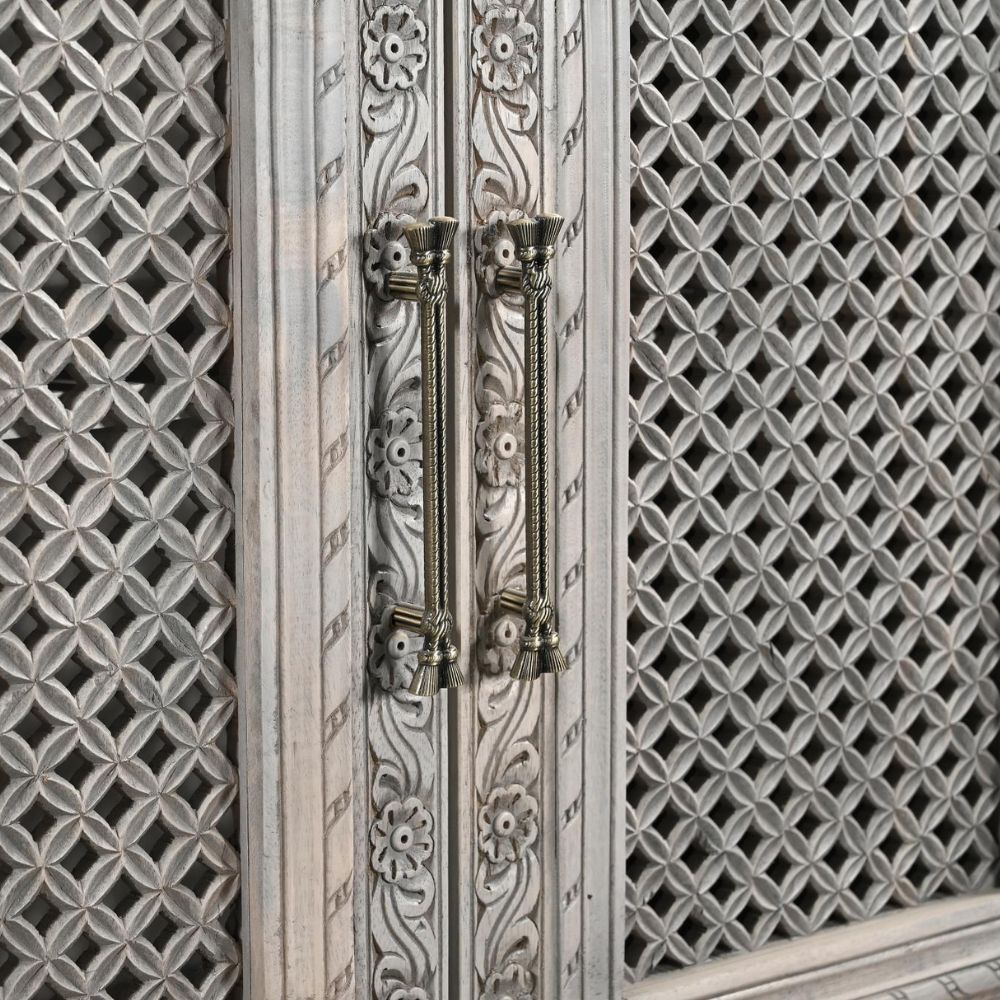 111" Gray Distressed Solid Wood Carved Floral Sideboard with Six Doors