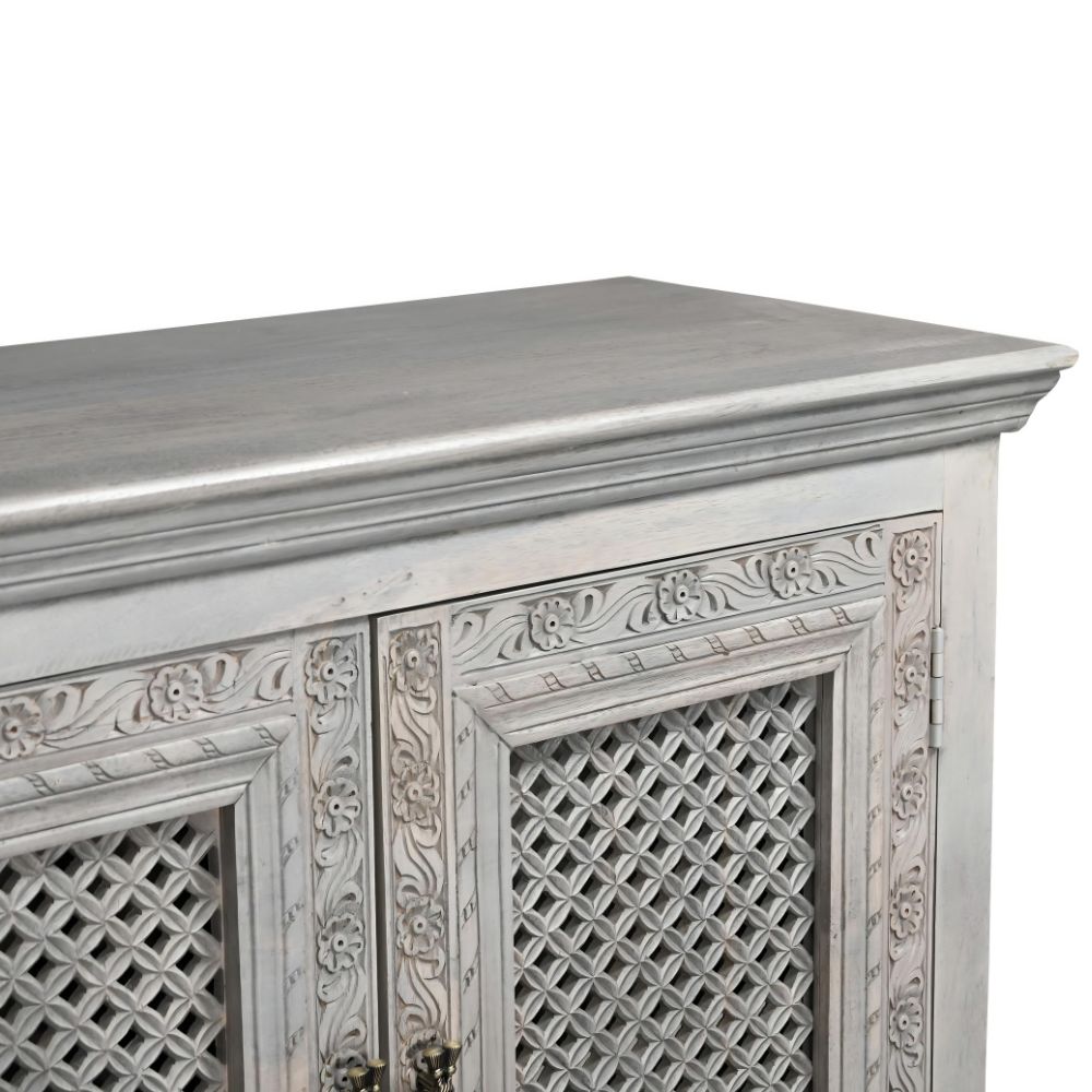 111" Gray Distressed Solid Wood Carved Floral Sideboard with Six Doors