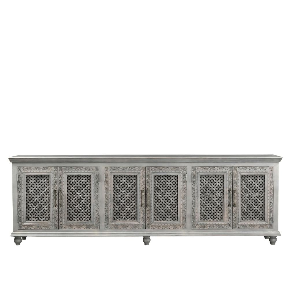 111" Gray Distressed Solid Wood Carved Floral Sideboard with Six Doors