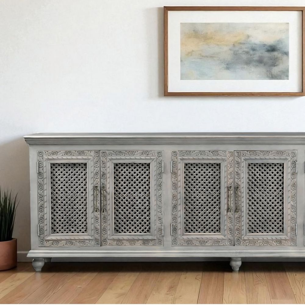 111" Gray Distressed Solid Wood Carved Floral Sideboard with Six Doors