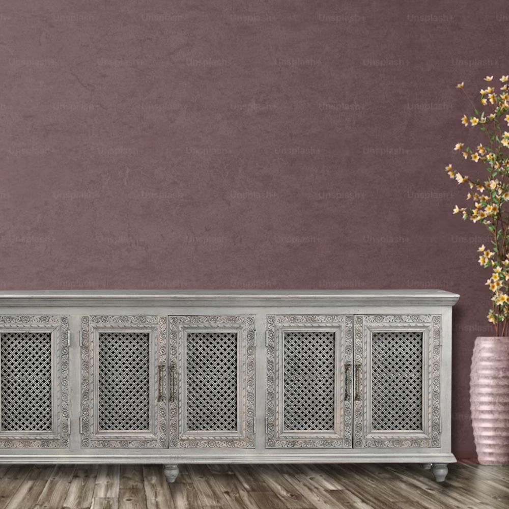 111" Gray Distressed Solid Wood Carved Floral Sideboard with Six Doors