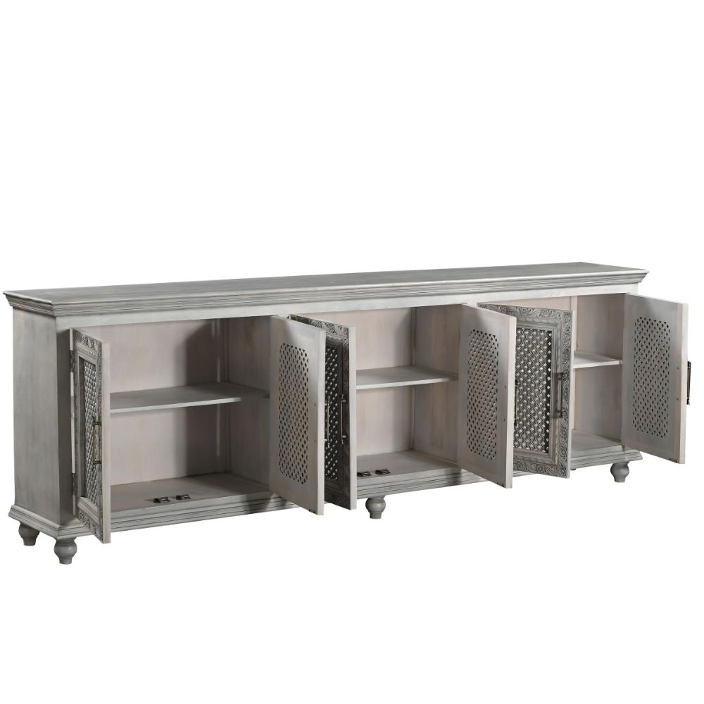 111" Gray Distressed Solid Wood Carved Floral Sideboard with Six Doors