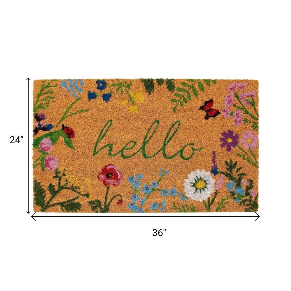 Natural and Green Coir Floral Hello Outdoor Door Mat