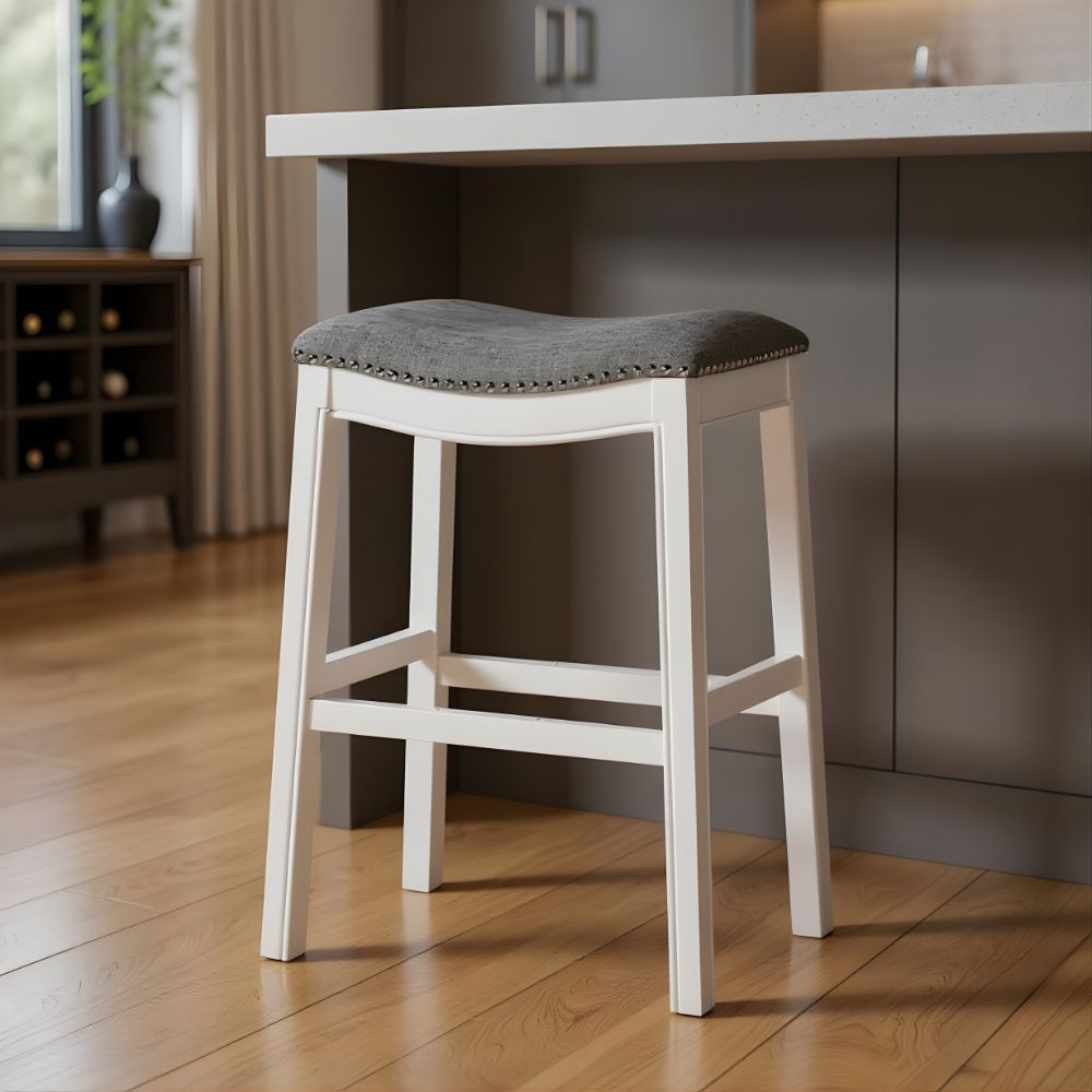 31" Light Gray And White Upholstered And Solid Wood Backless Bar Height Chair