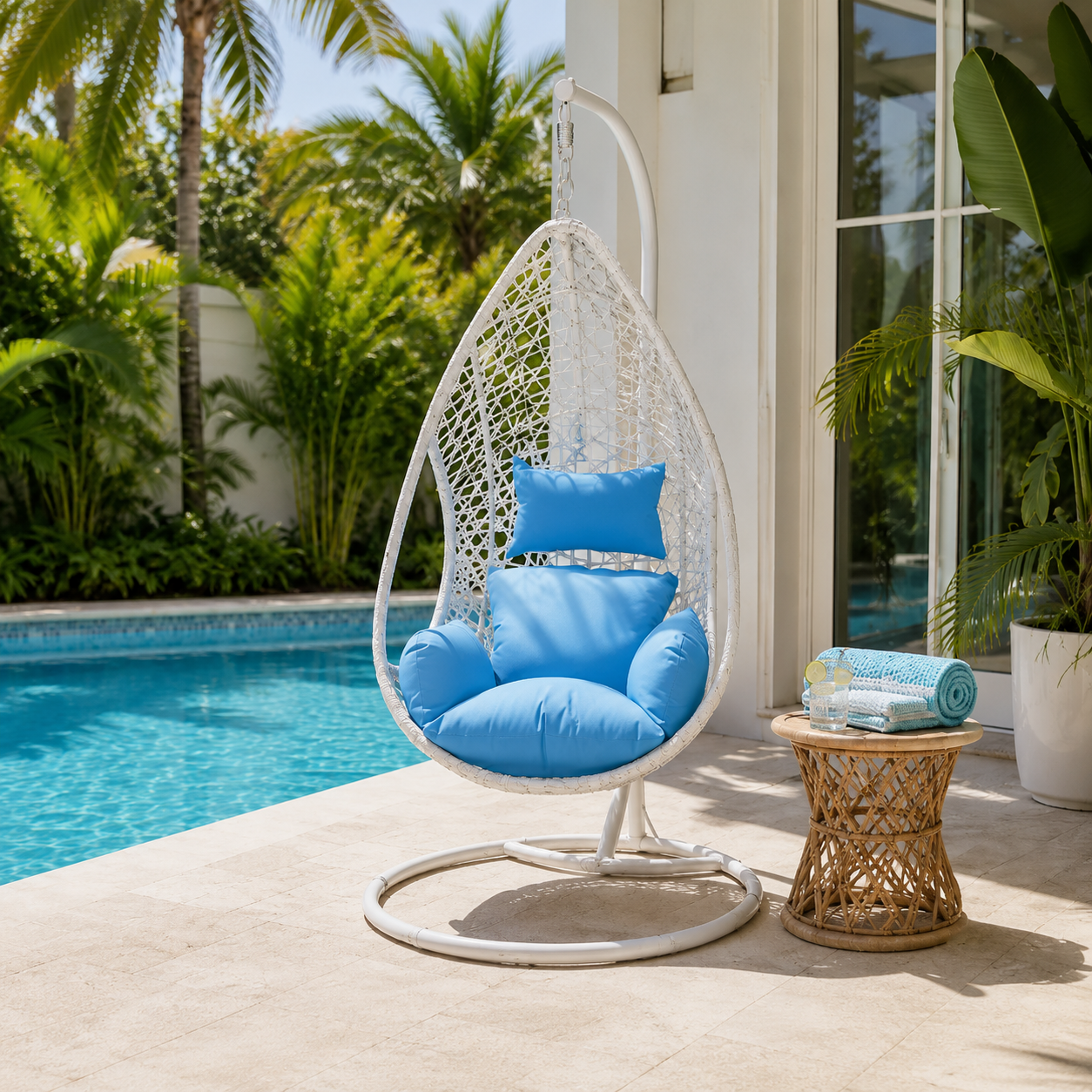 40" Blue Metal Outdoor Swing Chair with Cushions Steel Stand