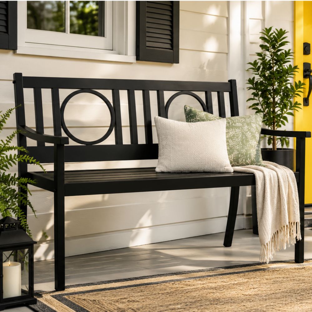 45" Black Metal Geometric Back Garden Patio Bench