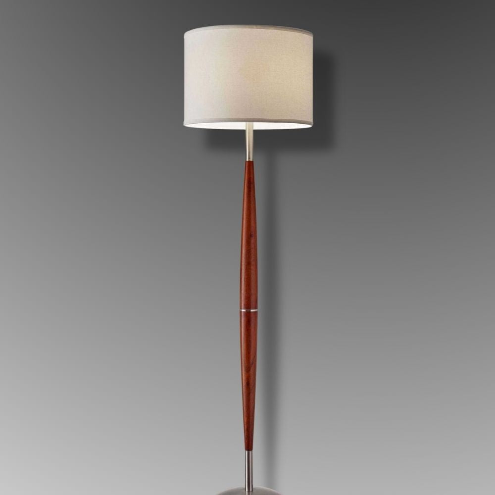 61" Brown And White Solid Wood Floor Lamp With White Fabric Drum Shade