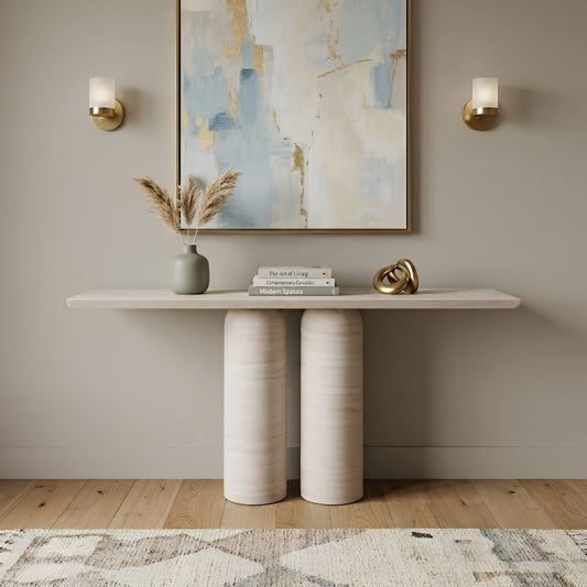 60" Beige Genuine Marble Pedestal Console Table