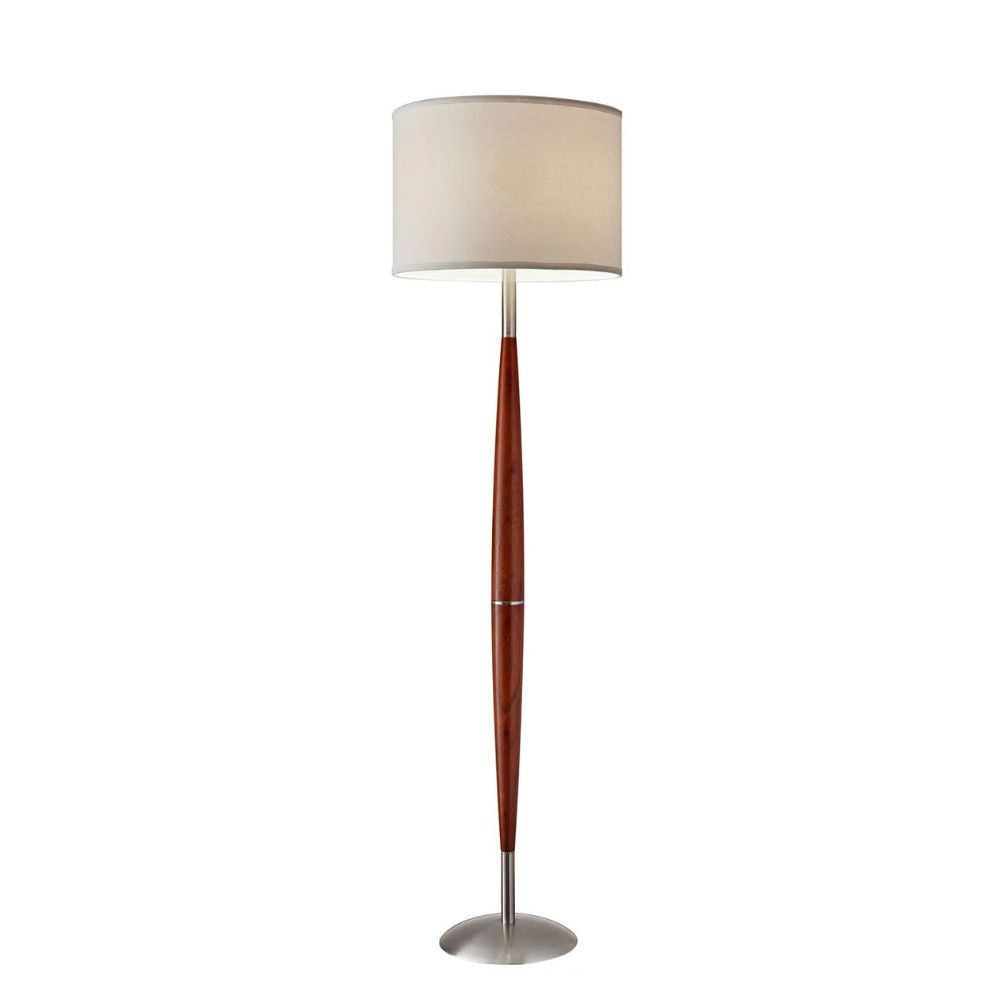 61" Brown And White Solid Wood Floor Lamp With White Fabric Drum Shade