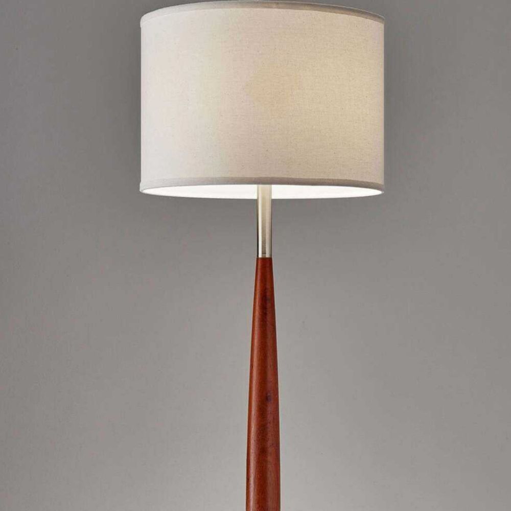61" Brown And White Solid Wood Floor Lamp With White Fabric Drum Shade