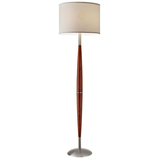61" Brown And White Solid Wood Floor Lamp With White Fabric Drum Shade