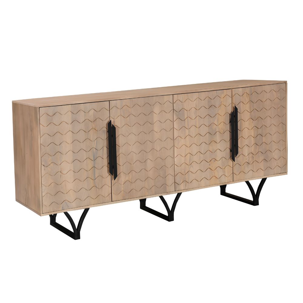 84" Beige Solid Wood Carved Geometric Sideboard with Four Doors
