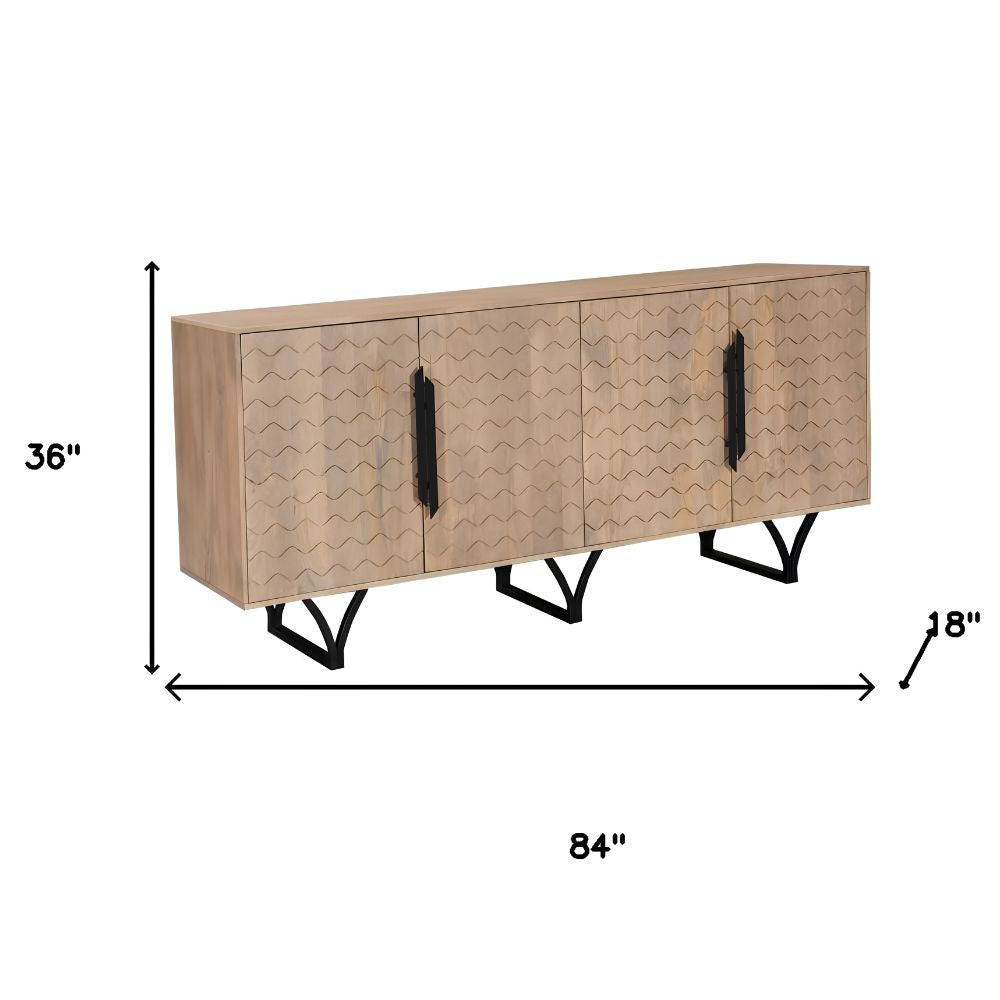 84" Beige Solid Wood Carved Geometric Sideboard with Four Doors