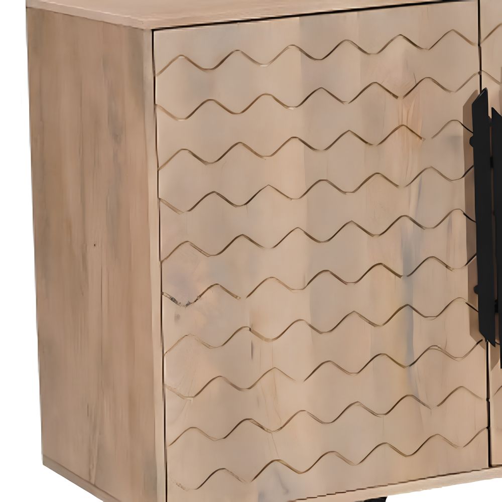 84" Beige Solid Wood Carved Geometric Sideboard with Four Doors
