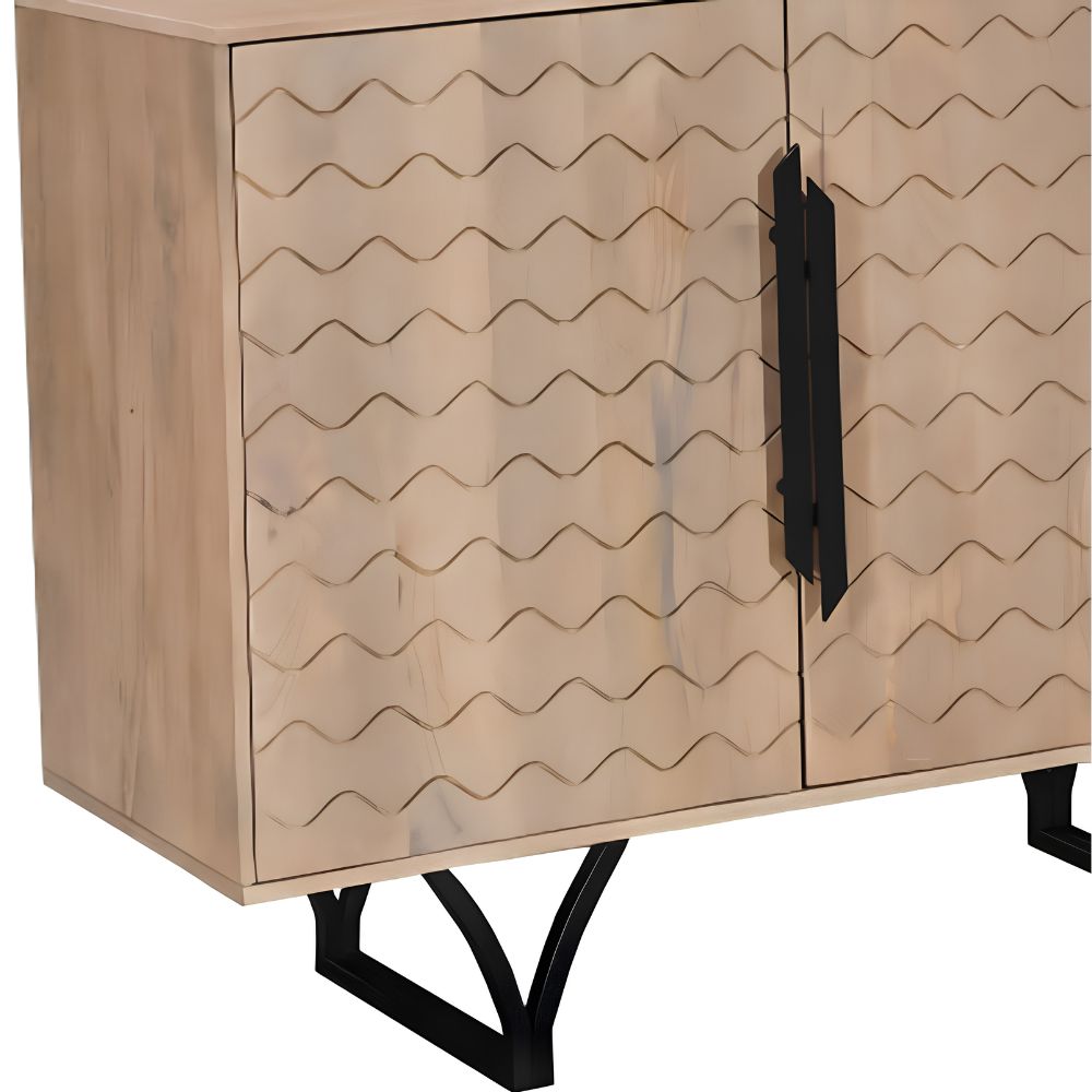 84" Beige Solid Wood Carved Geometric Sideboard with Four Doors