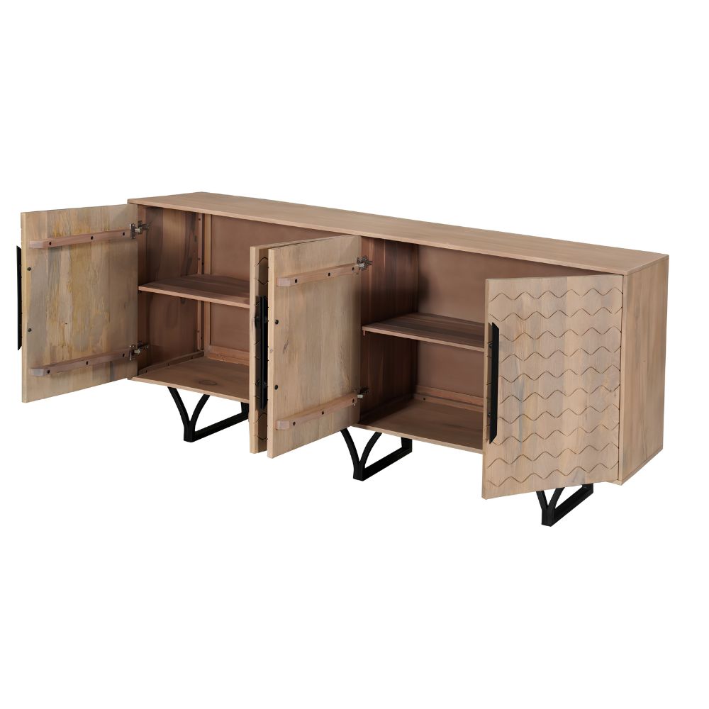84" Beige Solid Wood Carved Geometric Sideboard with Four Doors