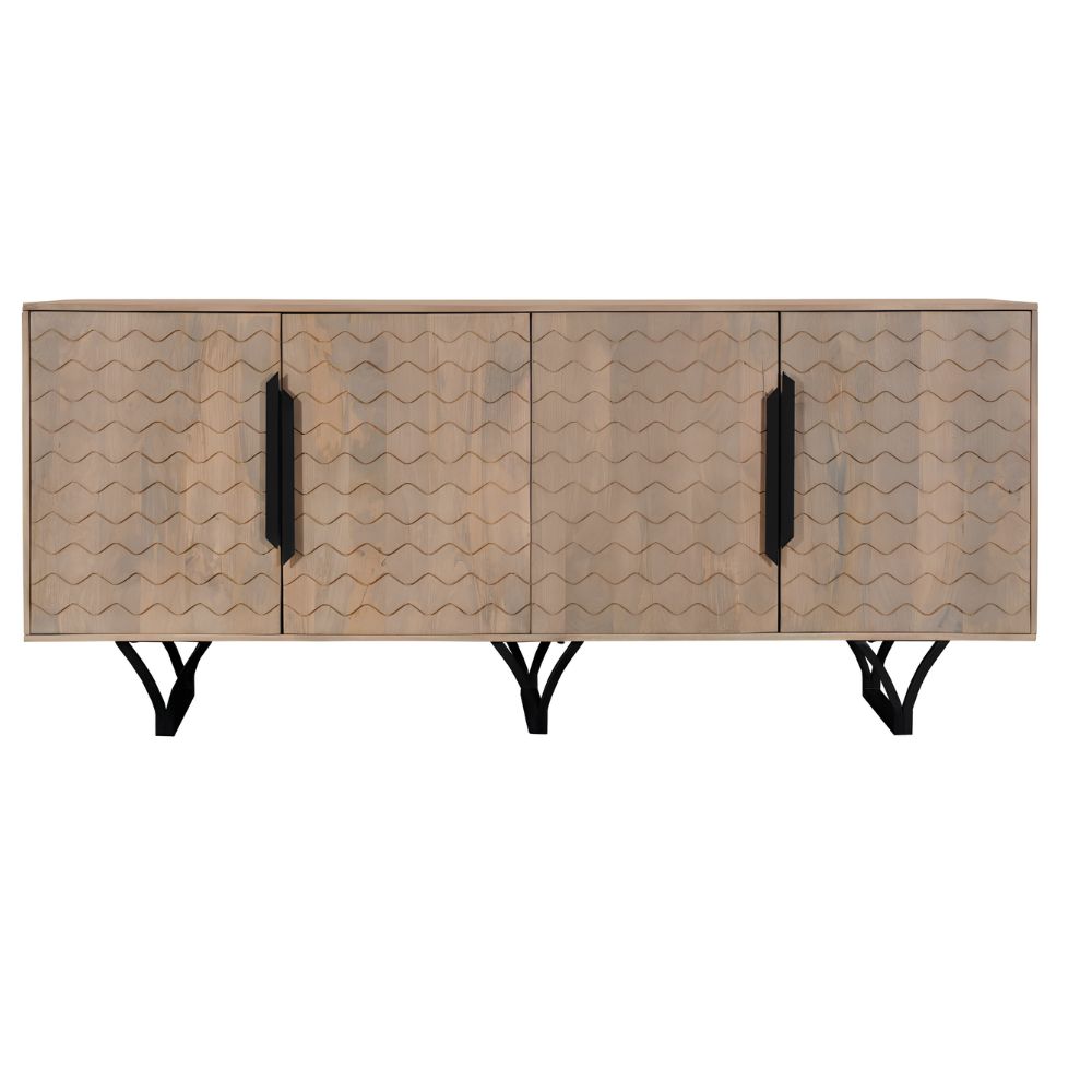 84" Beige Solid Wood Carved Geometric Sideboard with Four Doors