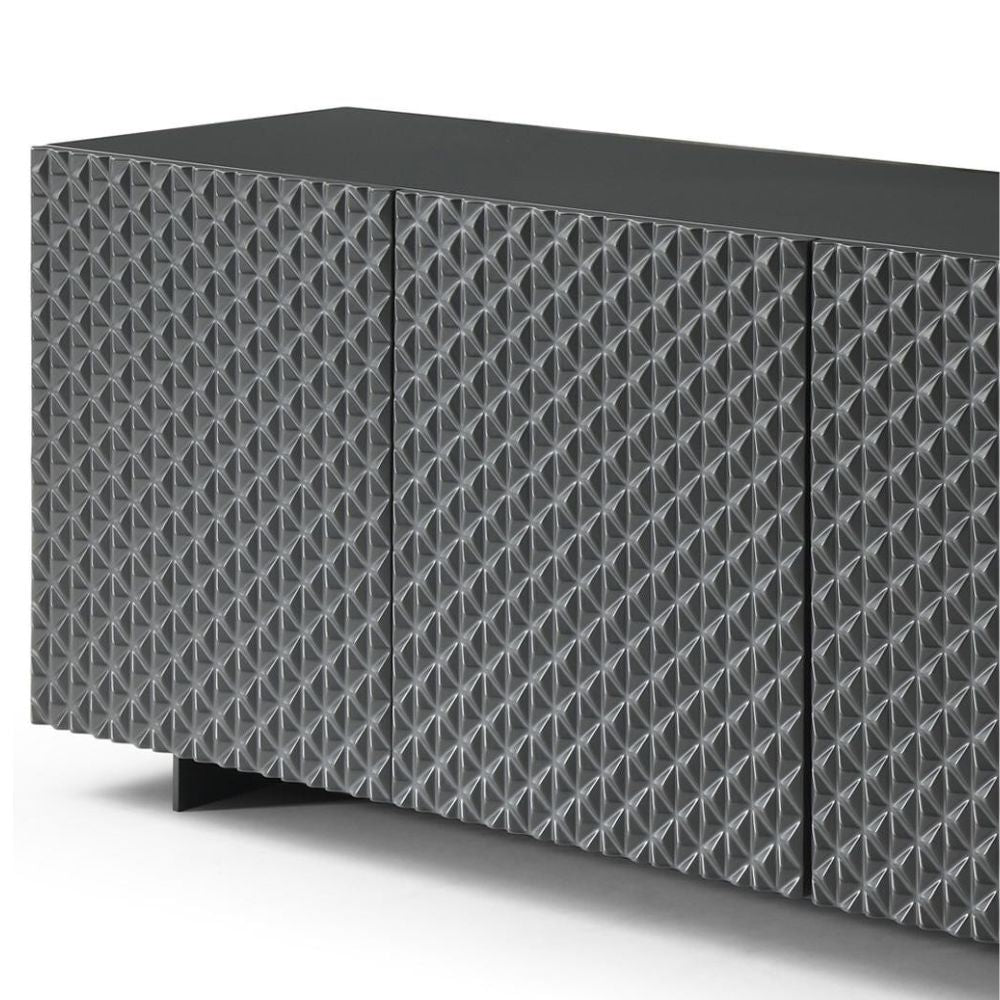 94" Dark Gray Wood Carved Geometric Sideboard With Four Doors