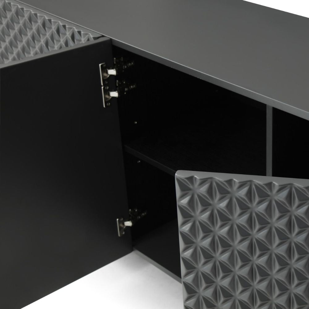 94" Dark Gray Wood Carved Geometric Sideboard With Four Doors