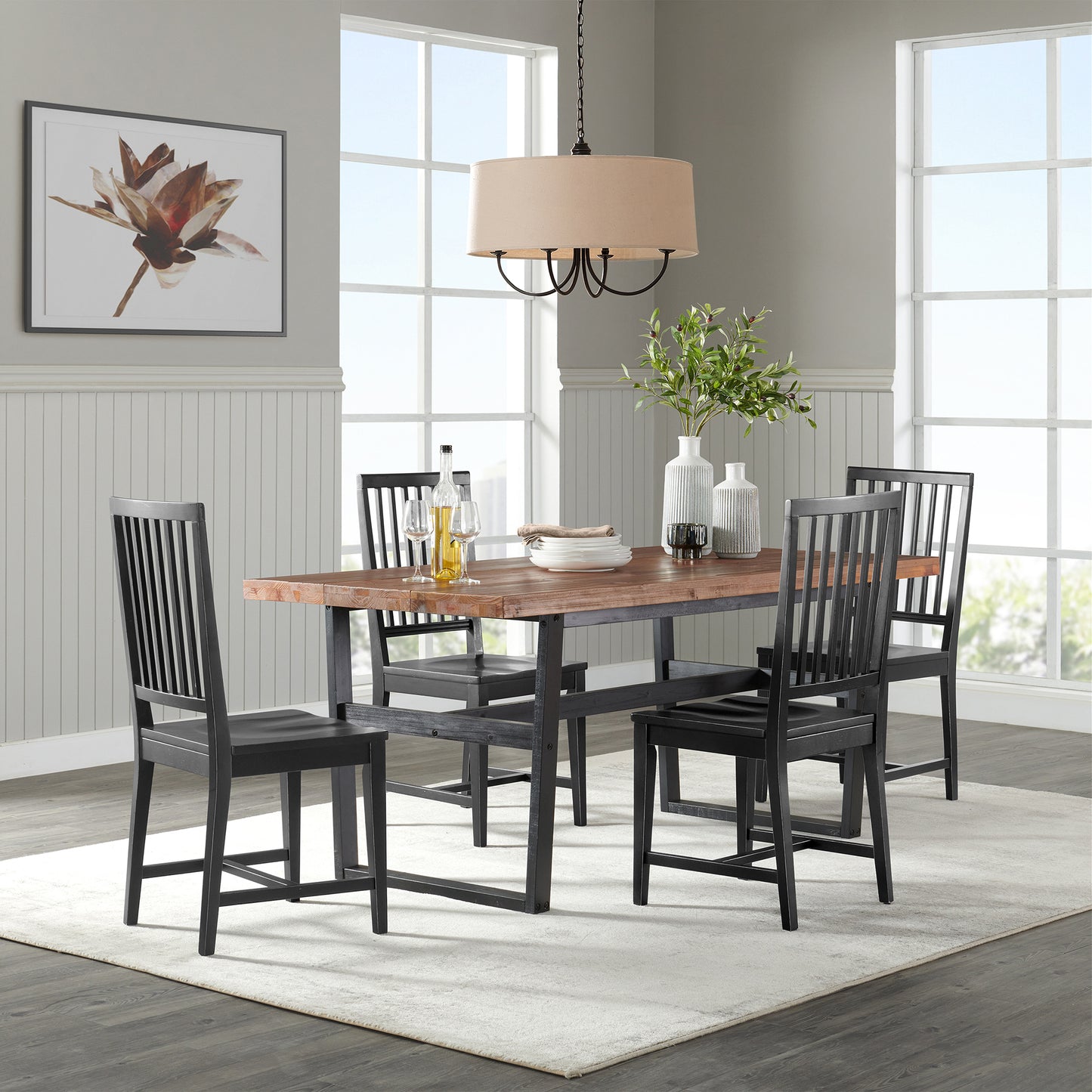 Alaterre Walden 72" Dining Table with Solid Cedar Top and 4 Wood Chairs with Black Finish, Set of 5 ACWN0175BVI01