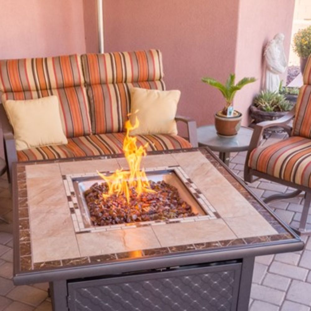AZ Patio GFT-51030A 40" Bronze Square Marble Tile Top Fire Pit-lifestyle, goldstardining.com