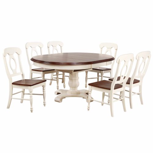 Sunset Trading Andrews 7 Piece 48" Round or 66" Oval Extendable Dining Set | Butterfly Leaf Table | Antique White and Chestnut Brown | Napoleon Chairs | Seats 6 DLU-ADW4866-C50-AW7PC