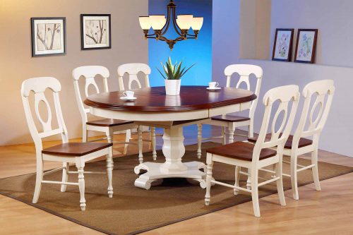 Sunset Trading Andrews 7 Piece 48" Round or 66" Oval Extendable Dining Set | Butterfly Leaf Table | Antique White and Chestnut Brown | Napoleon Chairs | Seats 6 DLU-ADW4866-C50-AW7PC