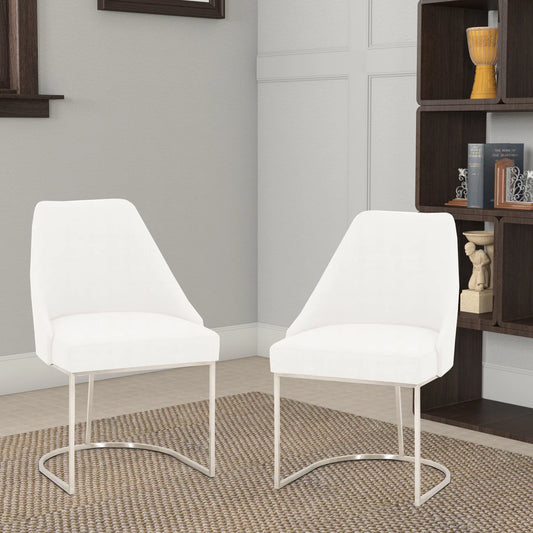 Benzara Velvet upholstered Dining Chair With Steel Feet, Silver And White, Set Of Two BM185148