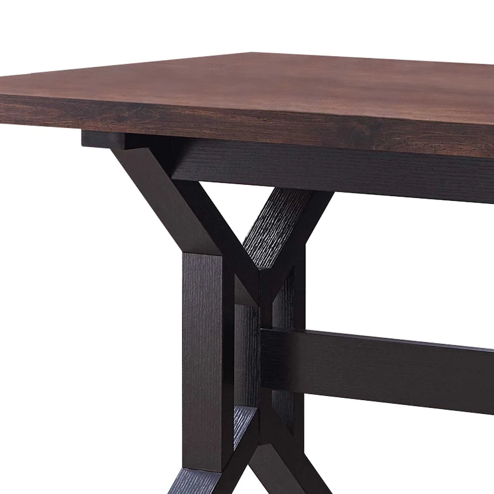 Benzara Two Toned Rectangular Wooden Dining Table with X Shaped Trestle Base, Black and Brown BM200691