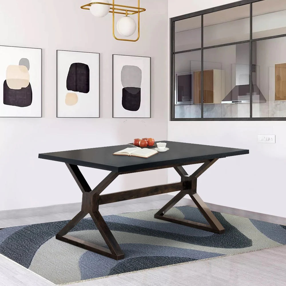 Benzara Two Toned Rectangular Wooden Dining Table with X Shaped Trestle Base, Black and Brown BM200691