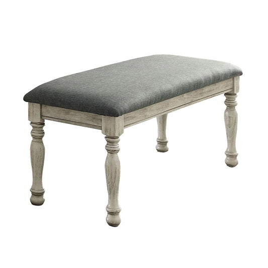 Benzara Transitional Fabric Upholstered Wooden Bench, Gray and White BM203986