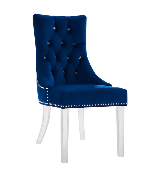 Benzara Fabric Upholstered Button Tufted Dining Chair with Acrylic Legs, Blue BM214486